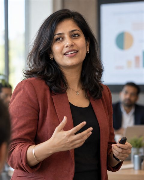 Illustrative workshop participant presenting a decision deck